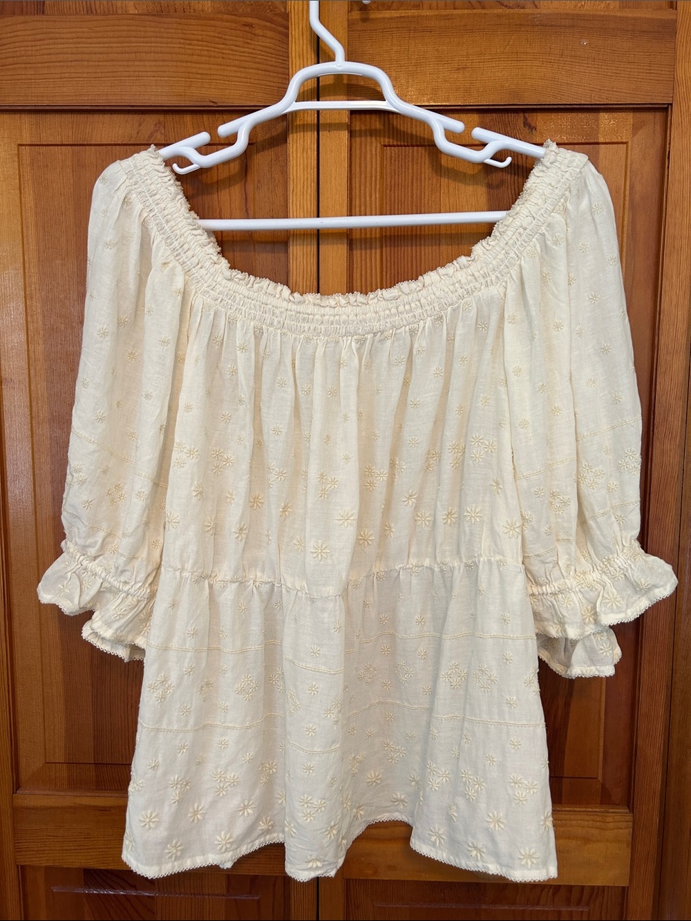 Old Navy Cream Smocked Embroidered Baby‑Doll Blouse Plus 4X NWT Puff Sleeve